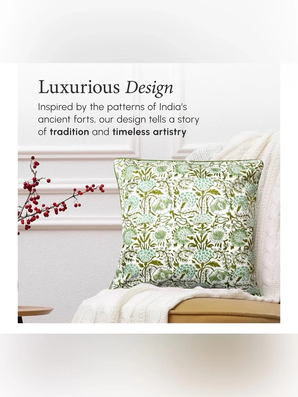 CPC Agate Green Block Print Throw Pillow Covers 24x24 Inch, Set of 2 Floral Boho